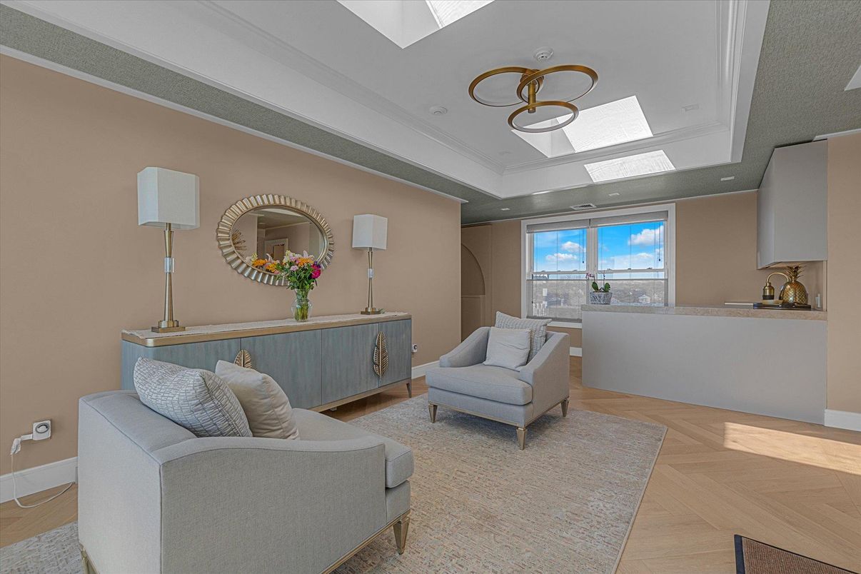 Interior, Living room, Pendant Lights, Recessed Lighting, Wood Texture Flooring