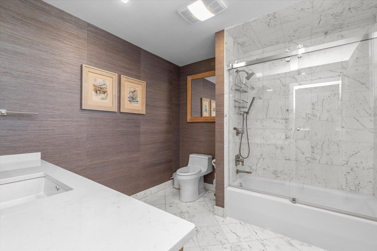 Bathroom, Glass Shower, Interior, Marble, Marble Walls, Recessed Lighting