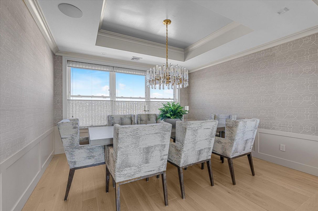 Chandelier, Dining room, Interior, Wood Texture Flooring