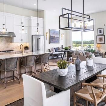 Dining room, Interior, Kitchen, Living room, Pendant Lights, Recessed Lighting, Stainless Steel Appliances, Wood Texture Flooring