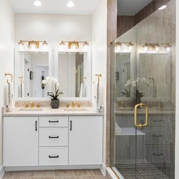 Bathroom, Dual Sink Vanities, Glass Shower, Interior, Recessed Lighting