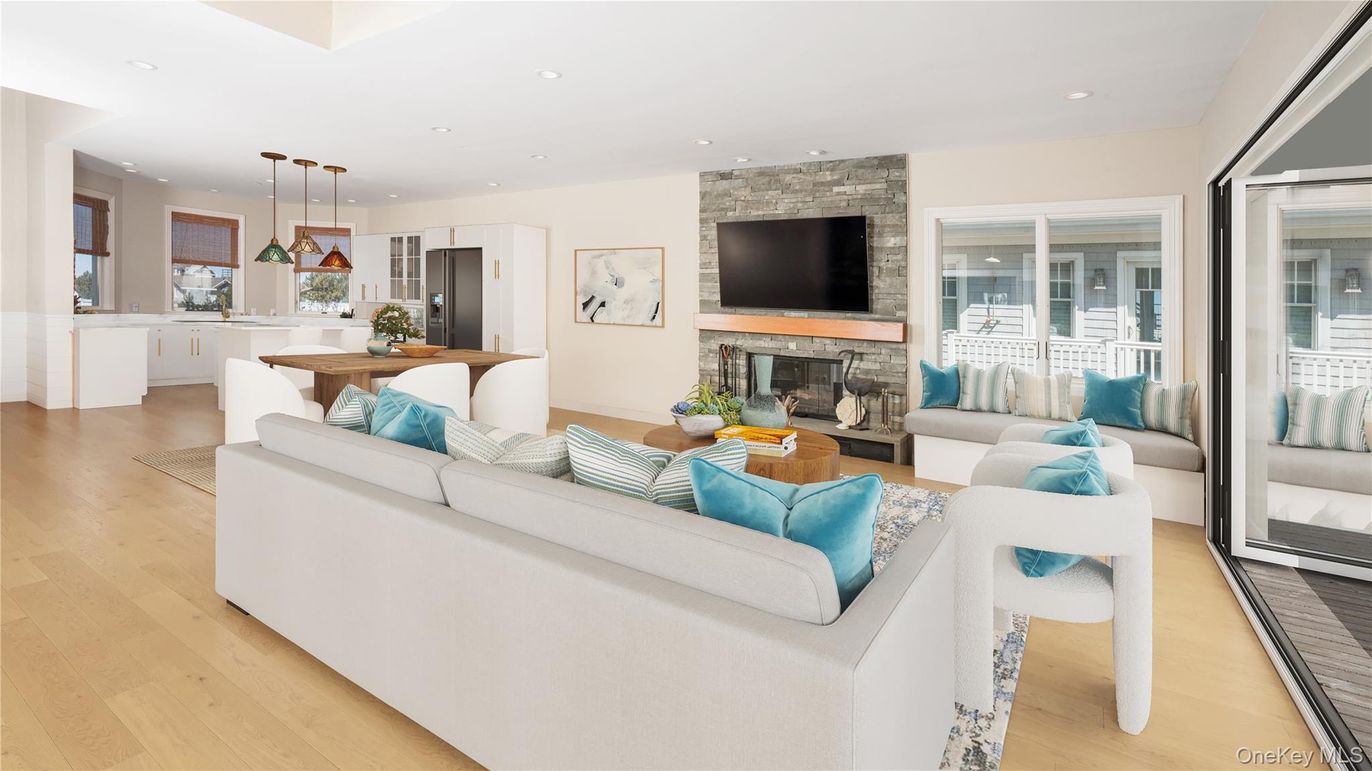 Dining room, Fireplace, Interior, Kitchen, Living room, Pendant Lights, Recessed Lighting, Stone Walls, Wood Texture Flooring