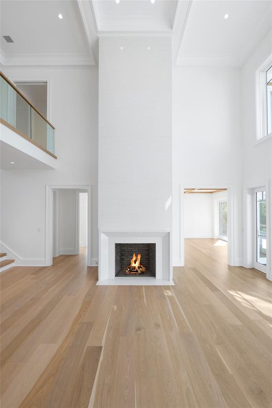 Fireplace, Interior, Recessed Lighting, Wood Texture Flooring