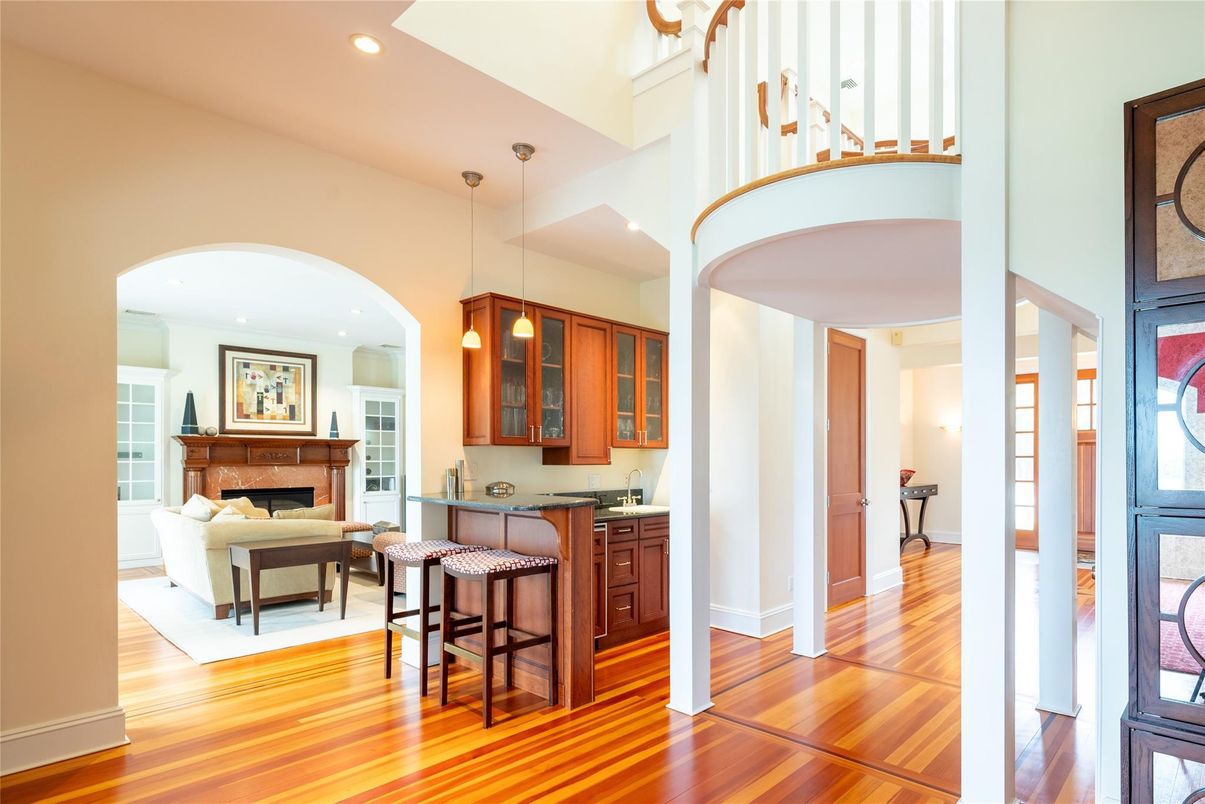 Fireplace, Interior, Pendant Lights, Recessed Lighting, Wood Texture Flooring