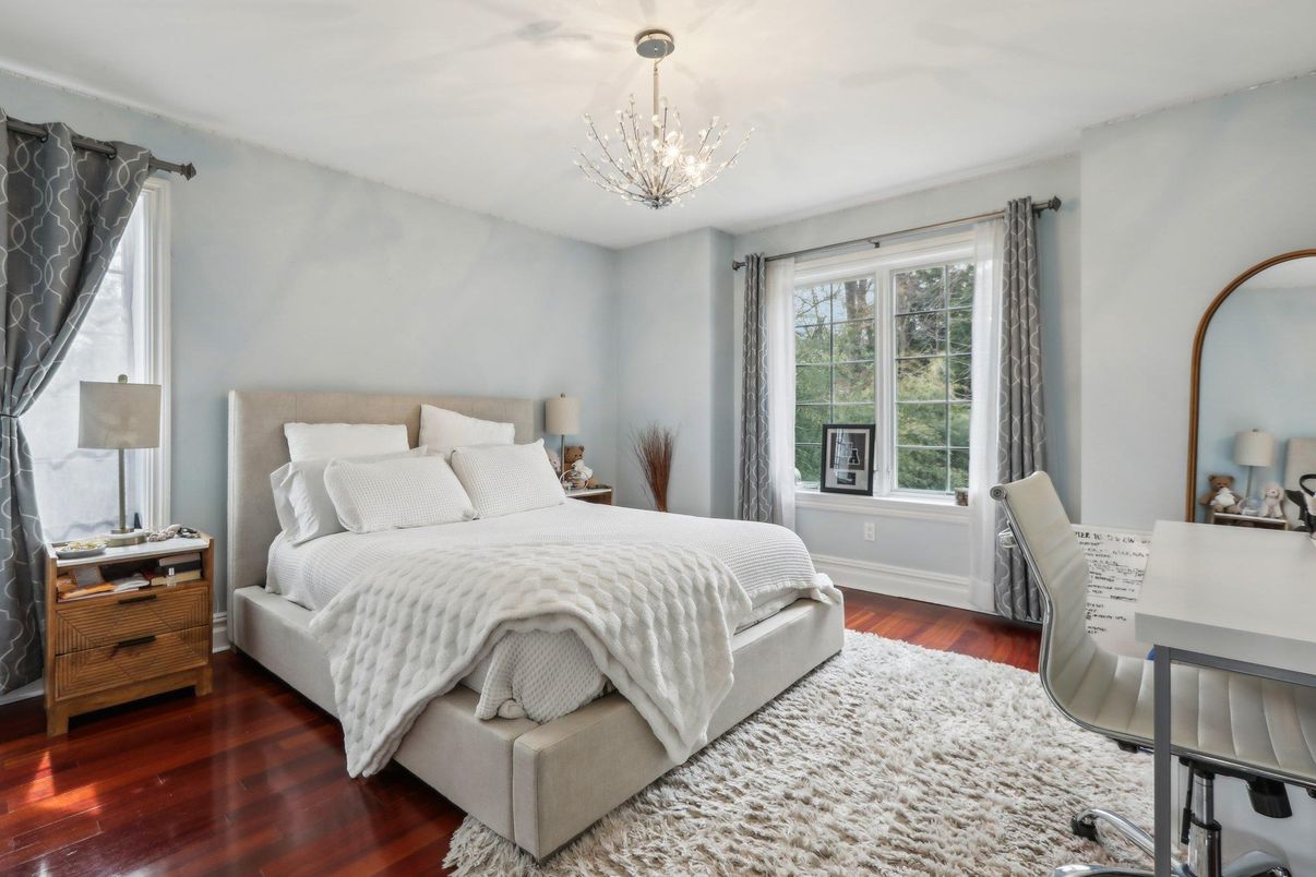 Bedroom, Chandelier, Interior, Wood Texture Flooring