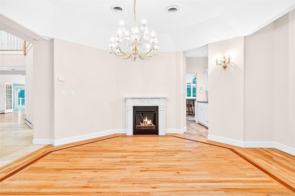Chandelier, Empty room, Fireplace, Interior, Wood Texture Flooring