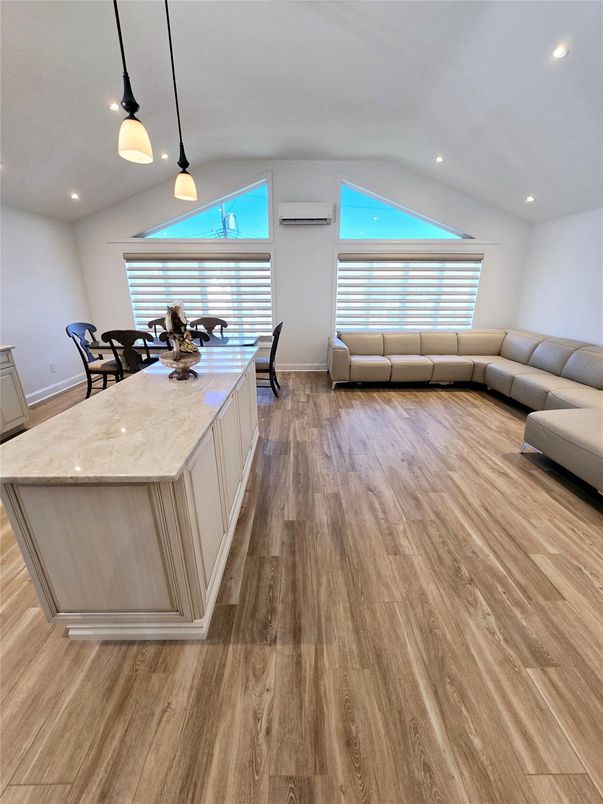Dining room, Interior, Kitchen, Pendant Lights, Recessed Lighting, Wood Texture Flooring