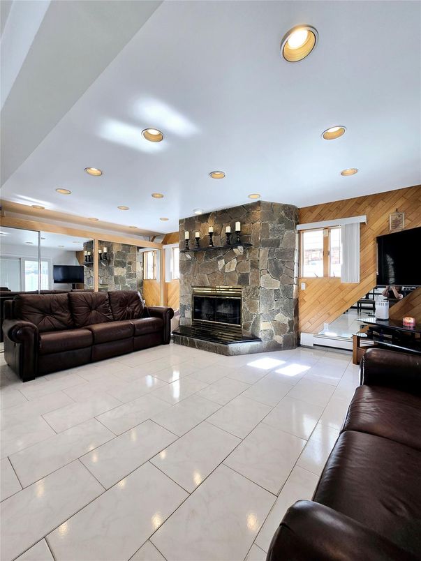 Fireplace, Interior, Living room, Recessed Lighting, Stone Walls, Wooden Walls