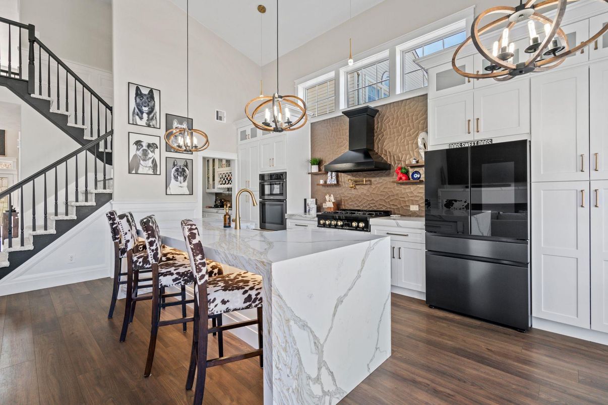 Chandelier, Interior, Kitchen, Pendant Lights, Stainless Steel Appliances, Wood Texture Flooring