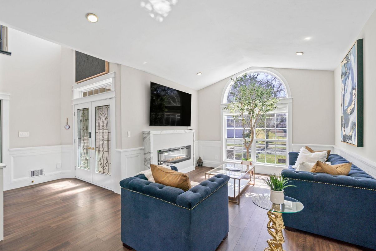 Fireplace, Interior, Living room, Recessed Lighting, Wood Texture Flooring