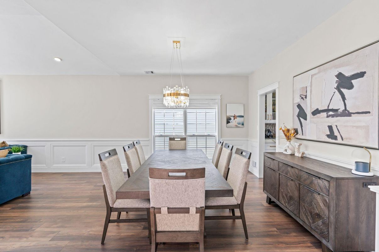 Dining room, Interior, Pendant Lights, Recessed Lighting, Wood Texture Flooring
