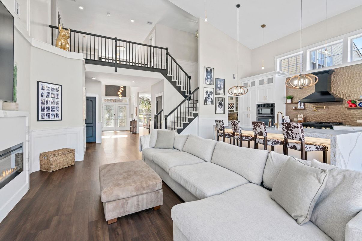 Dining room, Fireplace, Interior, Kitchen, Living room, Pendant Lights, Recessed Lighting, Wood Texture Flooring