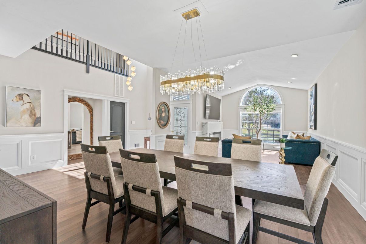 Chandelier, Dining room, Fireplace, Interior, Pendant Lights, Recessed Lighting, Wood Texture Flooring
