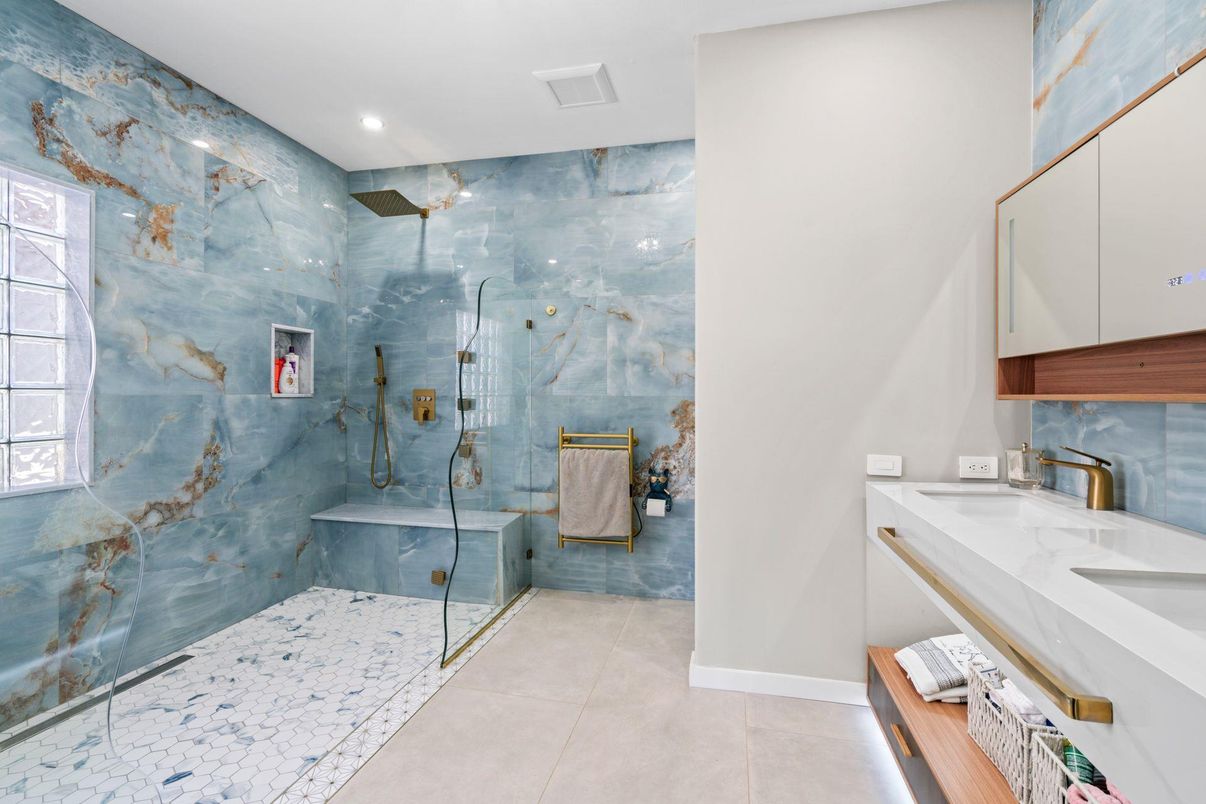 Bathroom, Glass Shower, Interior, Marble Walls, Recessed Lighting