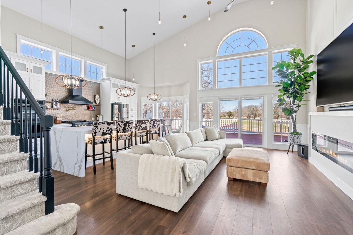 Fireplace, Interior, Kitchen, Living room, Pendant Lights, Wood Texture Flooring