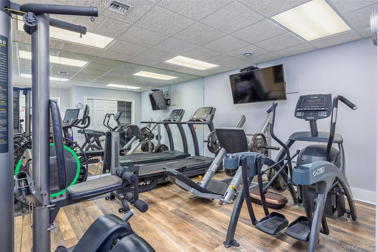Fitness Equipment, Gym, Interior, Recessed Lighting, Wood Texture Flooring