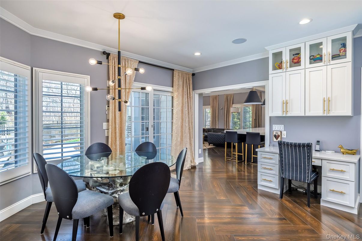 Dining room, Interior, Pendant Lights, Recessed Lighting, Wood Texture Flooring