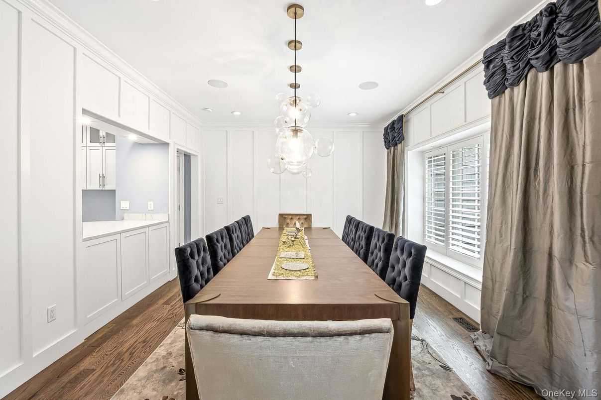 Dining room, Interior, Pendant Lights, Recessed Lighting, Wood Texture Flooring