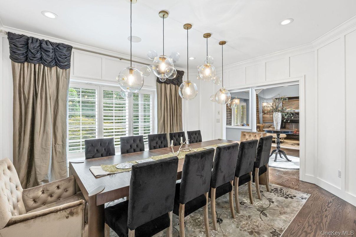 Dining room, Interior, Pendant Lights, Recessed Lighting, Wood Texture Flooring