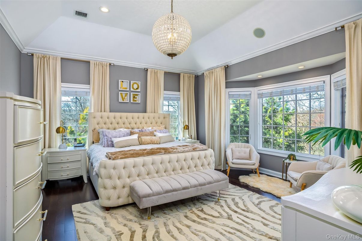 Bedroom, Chandelier, Interior, Recessed Lighting, Wood Texture Flooring