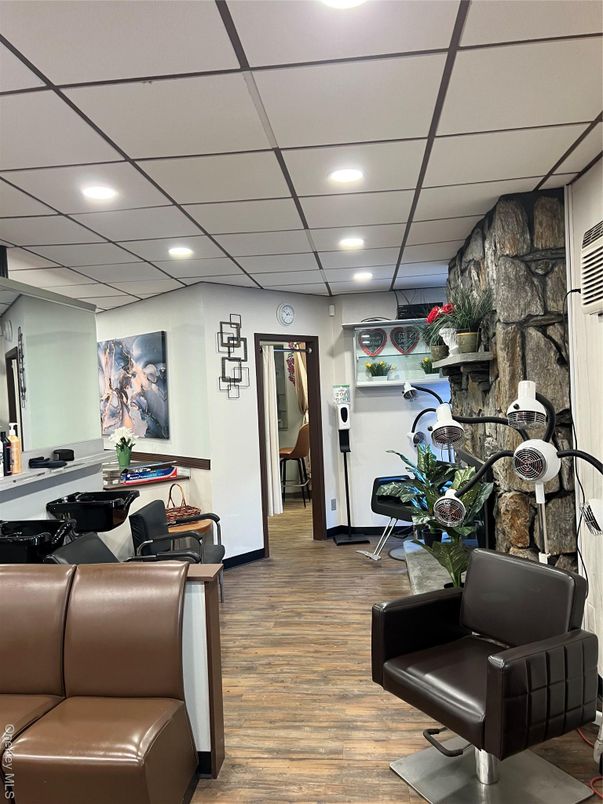 Fireplace, Interior, Recessed Lighting, Stone Walls, Wood Texture Flooring