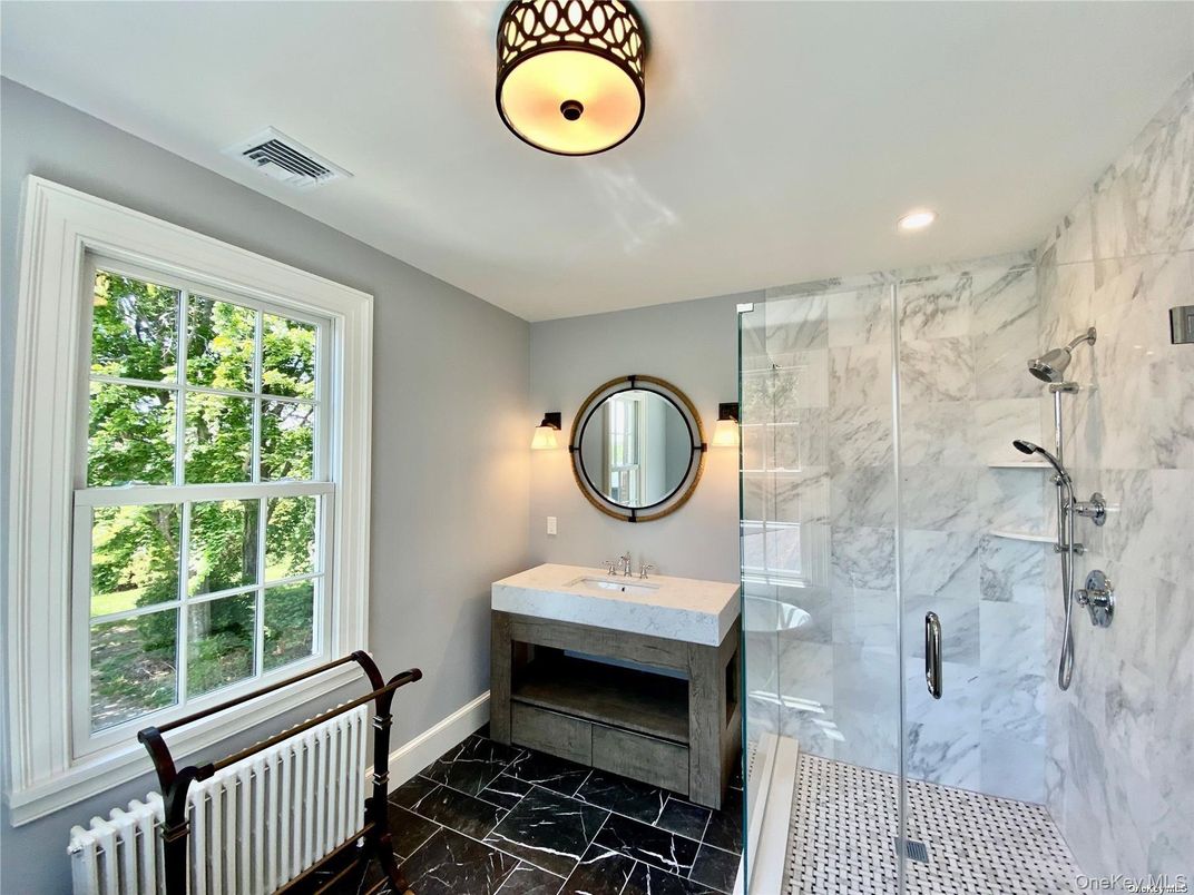 Bathroom, Glass Shower, Interior, Marble, Marble Walls, Recessed Lighting