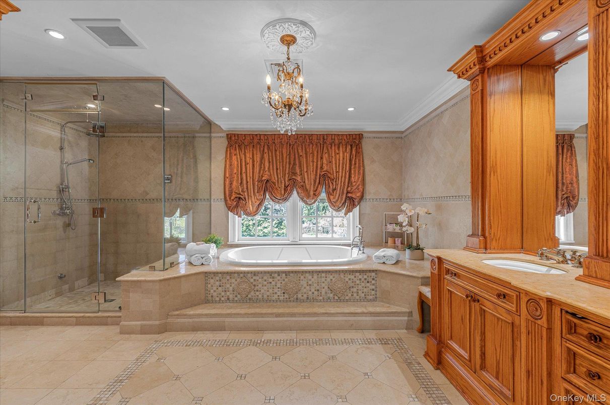 Bathroom, Chandelier, Glass Shower, Interior, Recessed Lighting