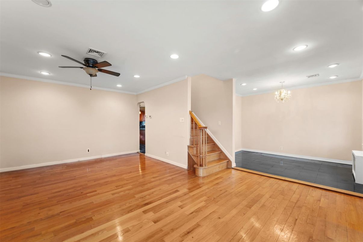 Chandelier, Empty room, Interior, Recessed Lighting, Wood Texture Flooring