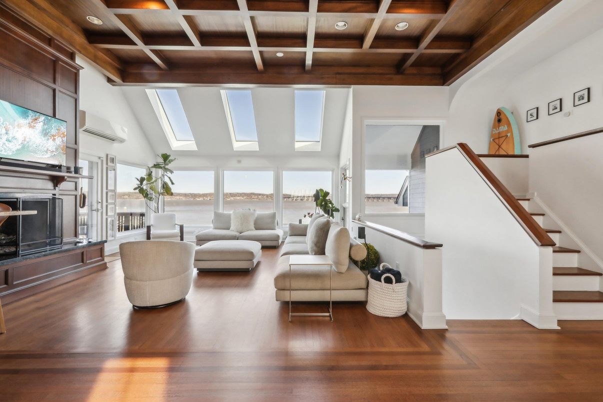 Fireplace, Interior, Living room, Recessed Lighting, Water, Wooden Beams, Wooden Ceilings, Wood Texture Flooring