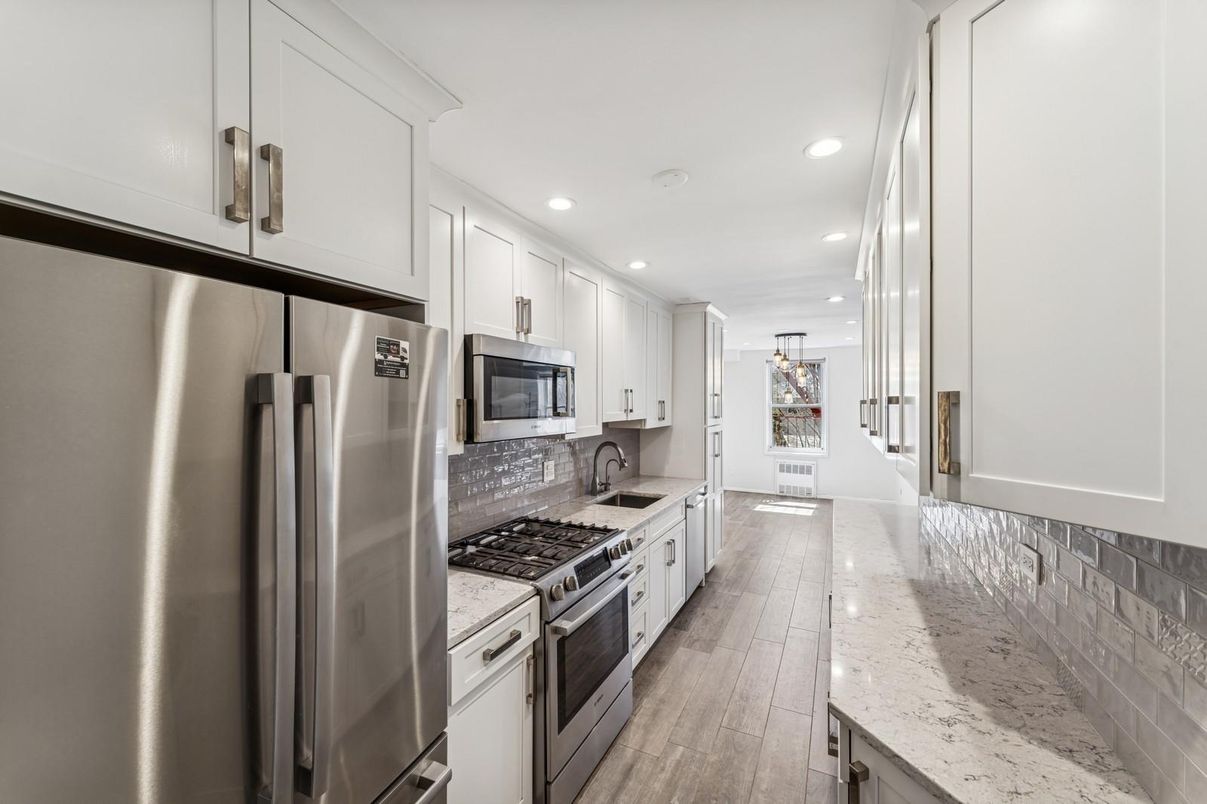 Interior, Kitchen, Recessed Lighting, Stainless Steel Appliances, Wood Texture Flooring