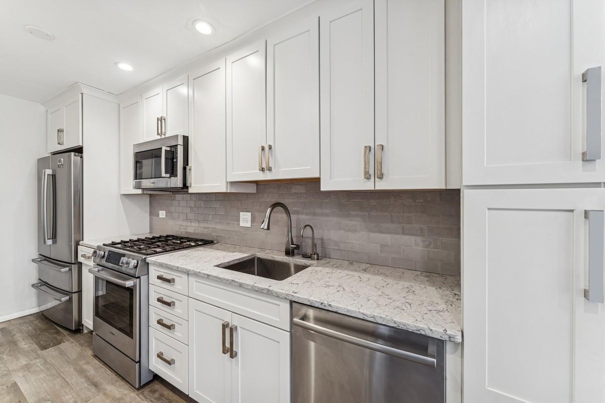 Interior, Kitchen, Recessed Lighting, Stainless Steel Appliances, Wood Texture Flooring