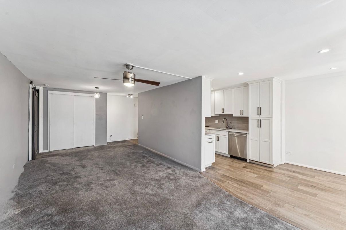 Empty room, Interior, Kitchen, Recessed Lighting, Wood Texture Flooring