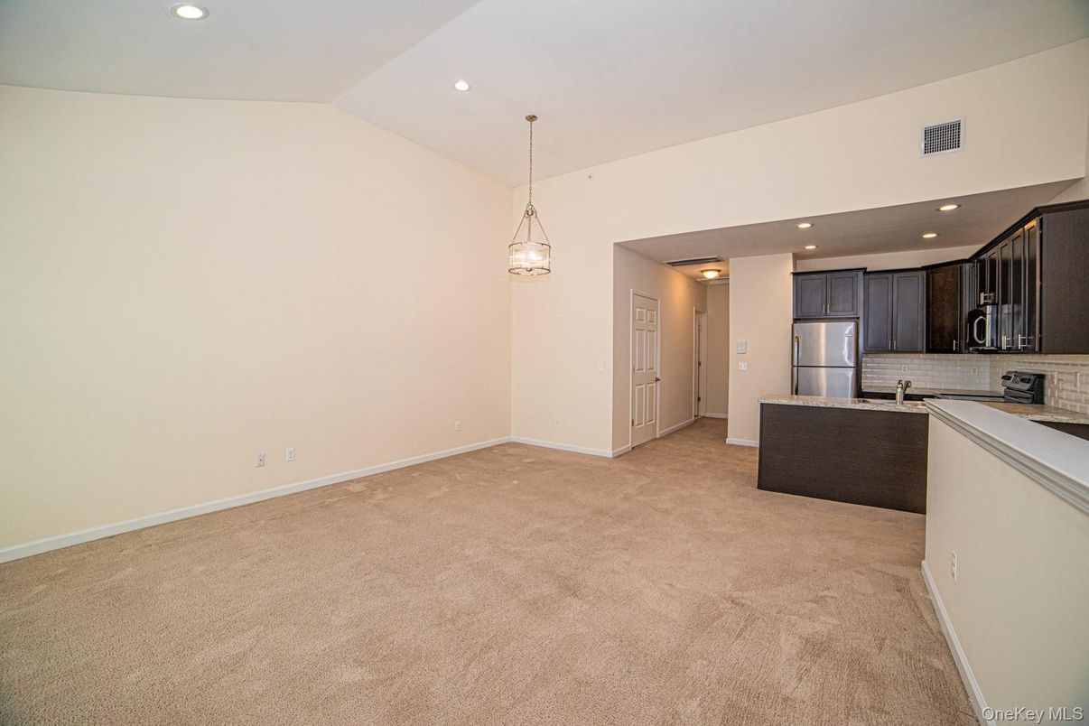 Empty room, Interior, Kitchen, Pendant Lights, Recessed Lighting, Stainless Steel Appliances