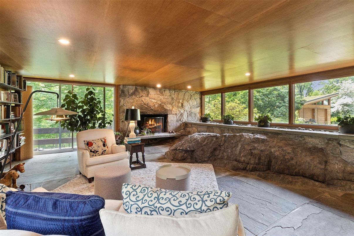 Fireplace, Interior, Living room, Recessed Lighting, Stone Walls
