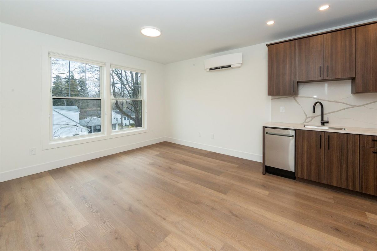 Empty room, Interior, Kitchen, Recessed Lighting, Wood Texture Flooring