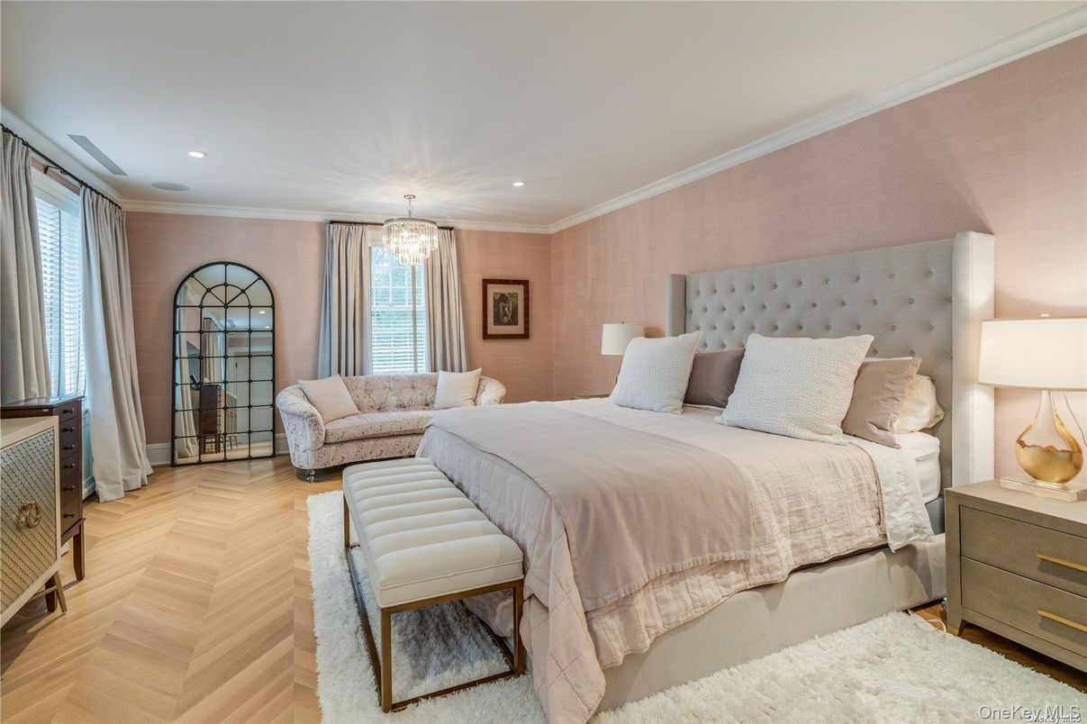 Bedroom, Chandelier, Interior, Recessed Lighting, Wood Texture Flooring