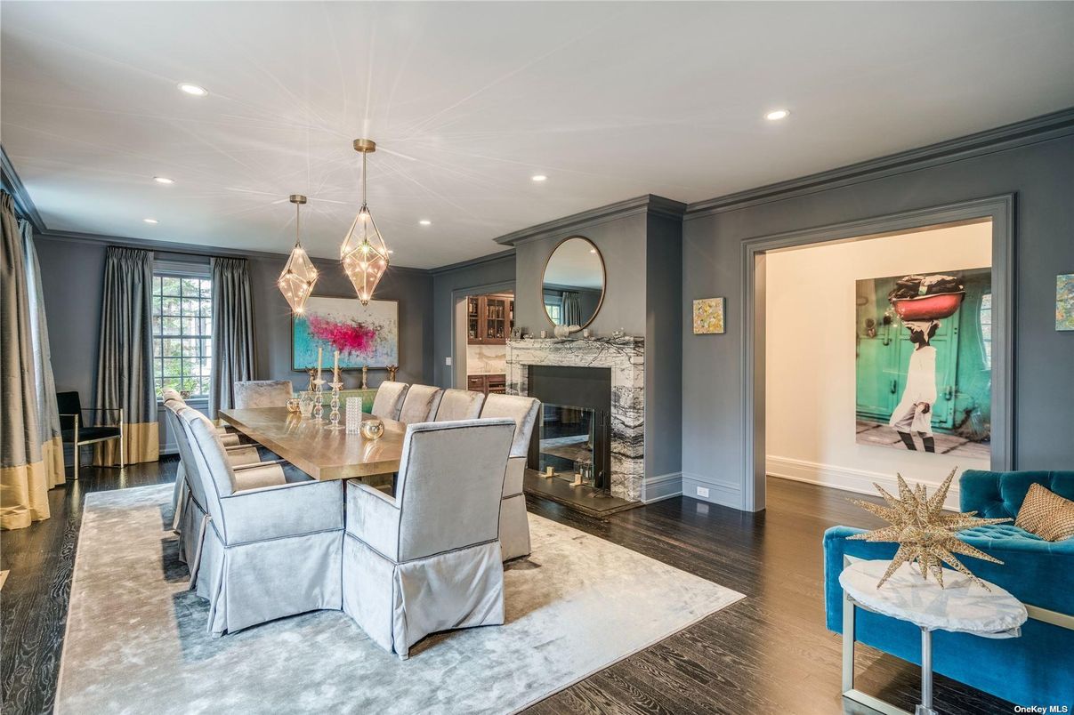 Dining room, Fireplace, Interior, Pendant Lights, Recessed Lighting, Wood Texture Flooring
