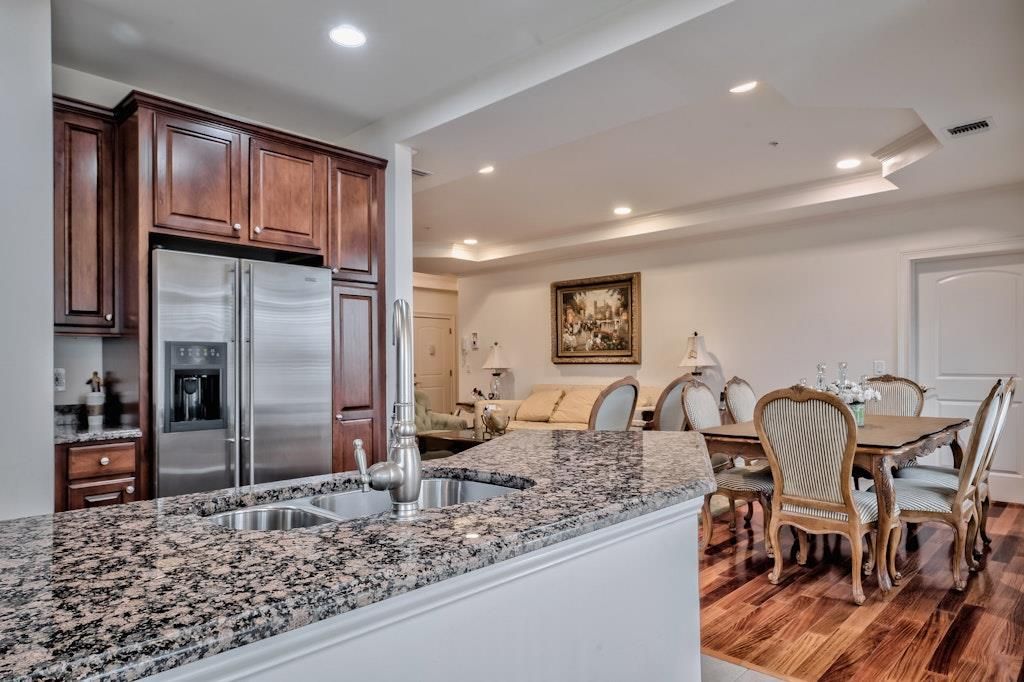 Dining room, Interior, Kitchen, Recessed Lighting, Stainless Steel Appliances, Wood Texture Flooring