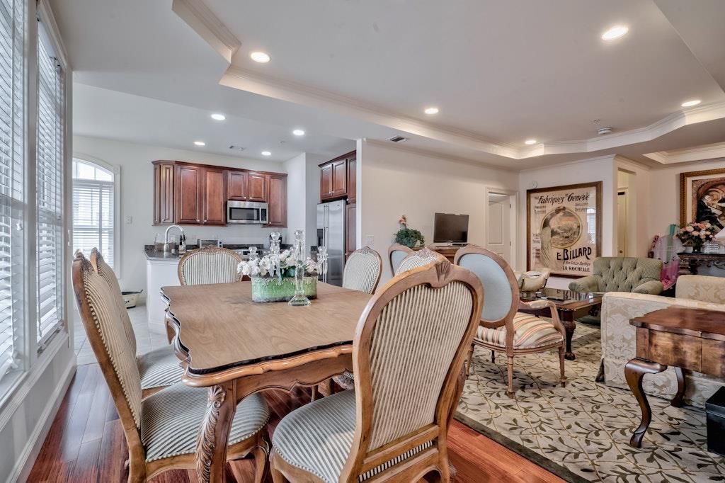 Dining room, Interior, Kitchen, Living room, Recessed Lighting, Stainless Steel Appliances, Wood Texture Flooring