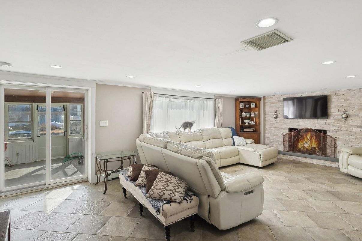 Fireplace, Interior, Living room, Recessed Lighting, Stone Walls