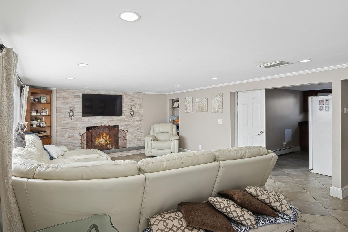 Fireplace, Interior, Living room, Recessed Lighting, Stone Walls