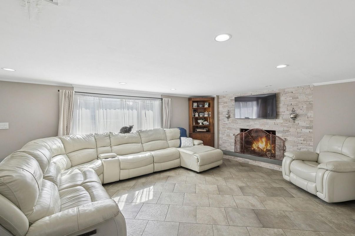 Fireplace, Interior, Living room, Recessed Lighting, Stone Walls