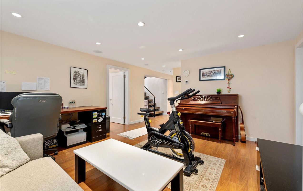 Fitness Equipment, Home Office, Interior, Piano, Recessed Lighting, Wood Texture Flooring