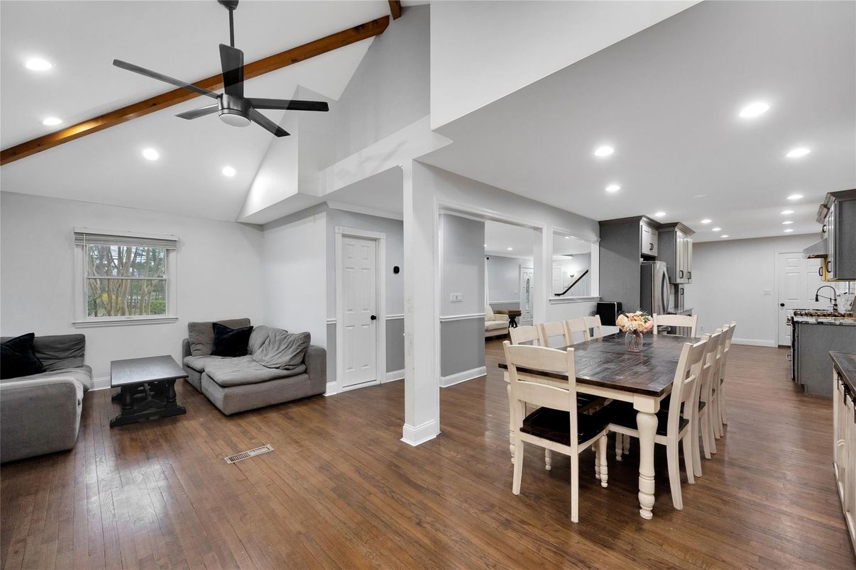 Dining room, Interior, Recessed Lighting, Wood Texture Flooring