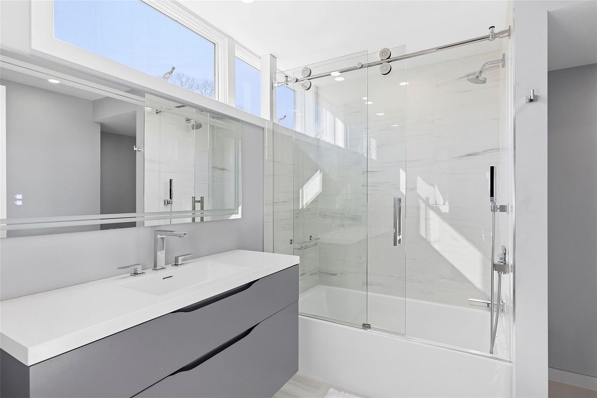Bathroom, Glass Shower, Interior, Recessed Lighting, Wood Texture Flooring