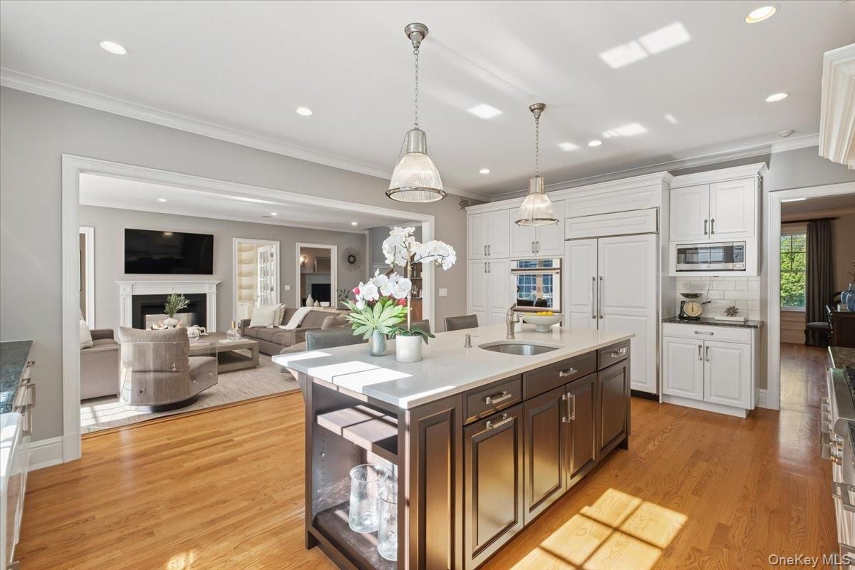 Fireplace, Interior, Kitchen, Living room, Pendant Lights, Recessed Lighting, Wood Texture Flooring