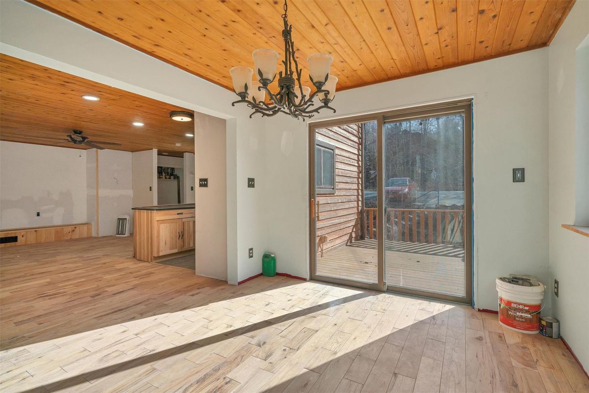 Chandelier, Interior, Kitchen, Recessed Lighting, Wooden Ceilings, Wood Texture Flooring