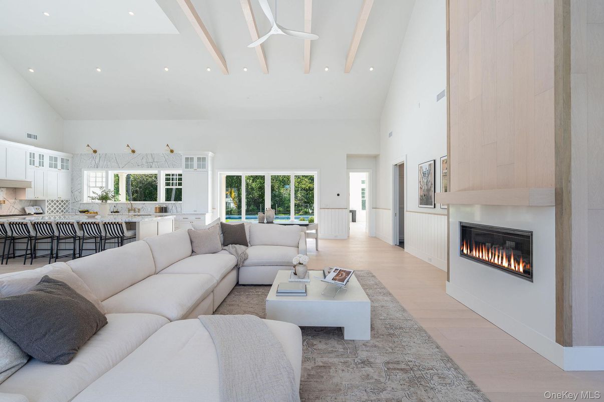 Fireplace, Interior, Kitchen, Living room, Recessed Lighting, Wood Texture Flooring