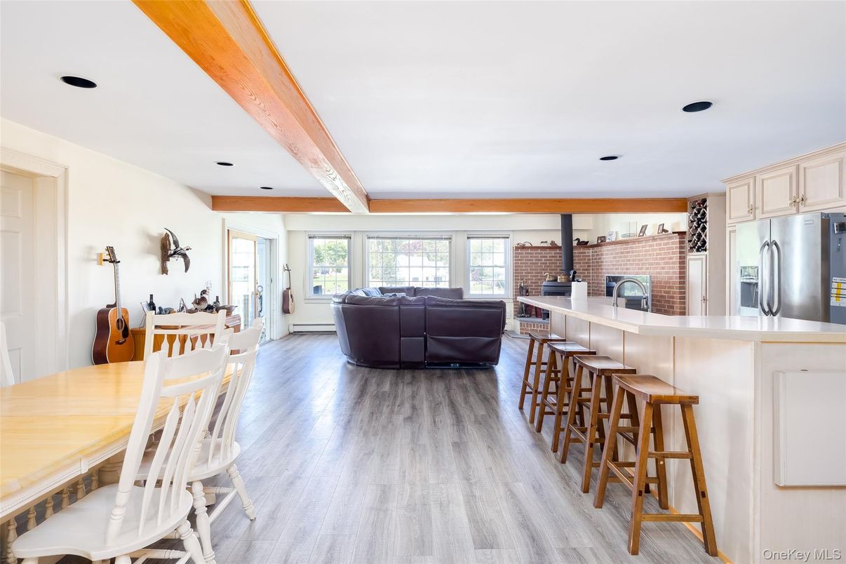 Dining room, Interior, Kitchen, Living room, Recessed Lighting, Stone Walls, Wooden Beams, Wood Texture Flooring