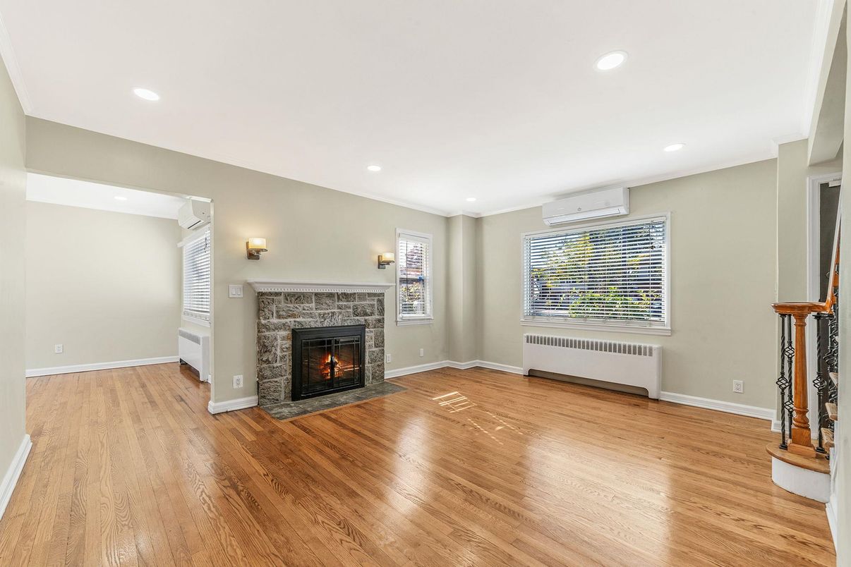 Empty room, Fireplace, Interior, Recessed Lighting, Wood Texture Flooring